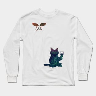 LitQ - Cute cat drinks wine on Valentine's Day anime art vibe Long Sleeve T-Shirt